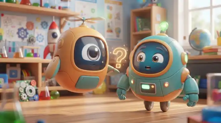 Robi, robot teal dan oren, bersama Bip, dron oren kecil, di dalam makmal sains.